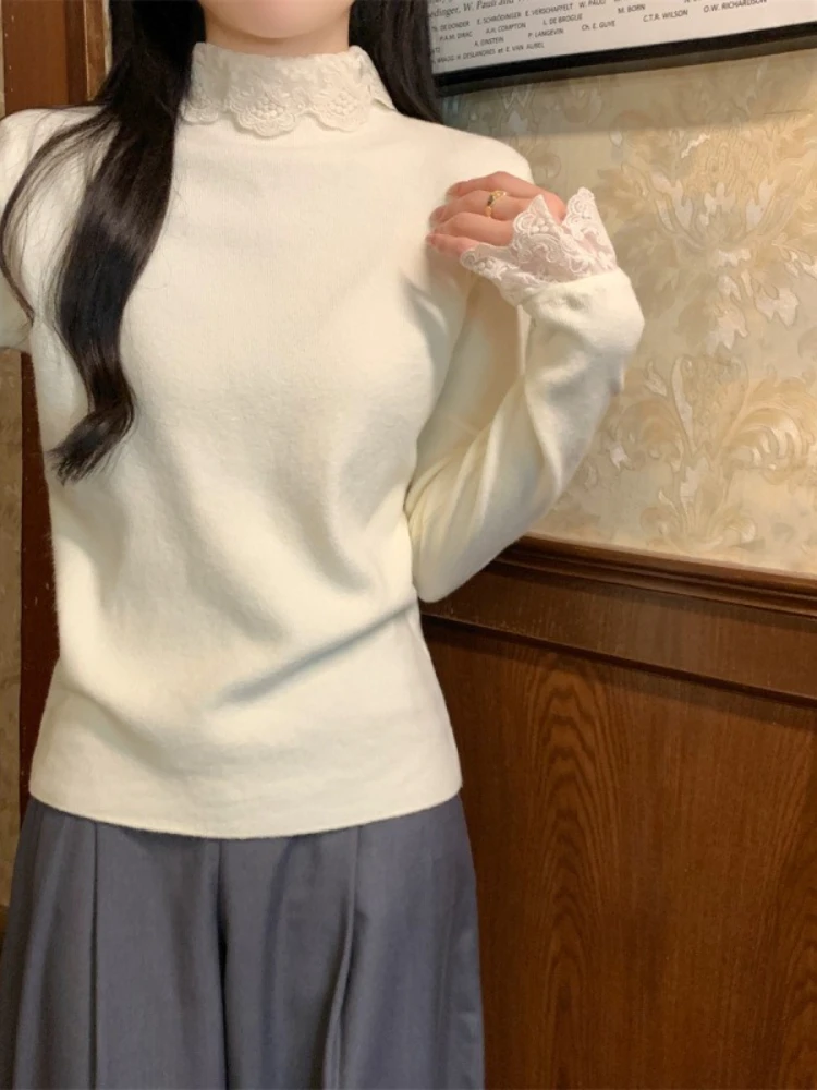 

2025 Spring Autumn Mock Neck Lace Panel Pullover Women Long Sleeve Korean Fashion Knit Sweater Slim Fit Base Layer Top Versatile