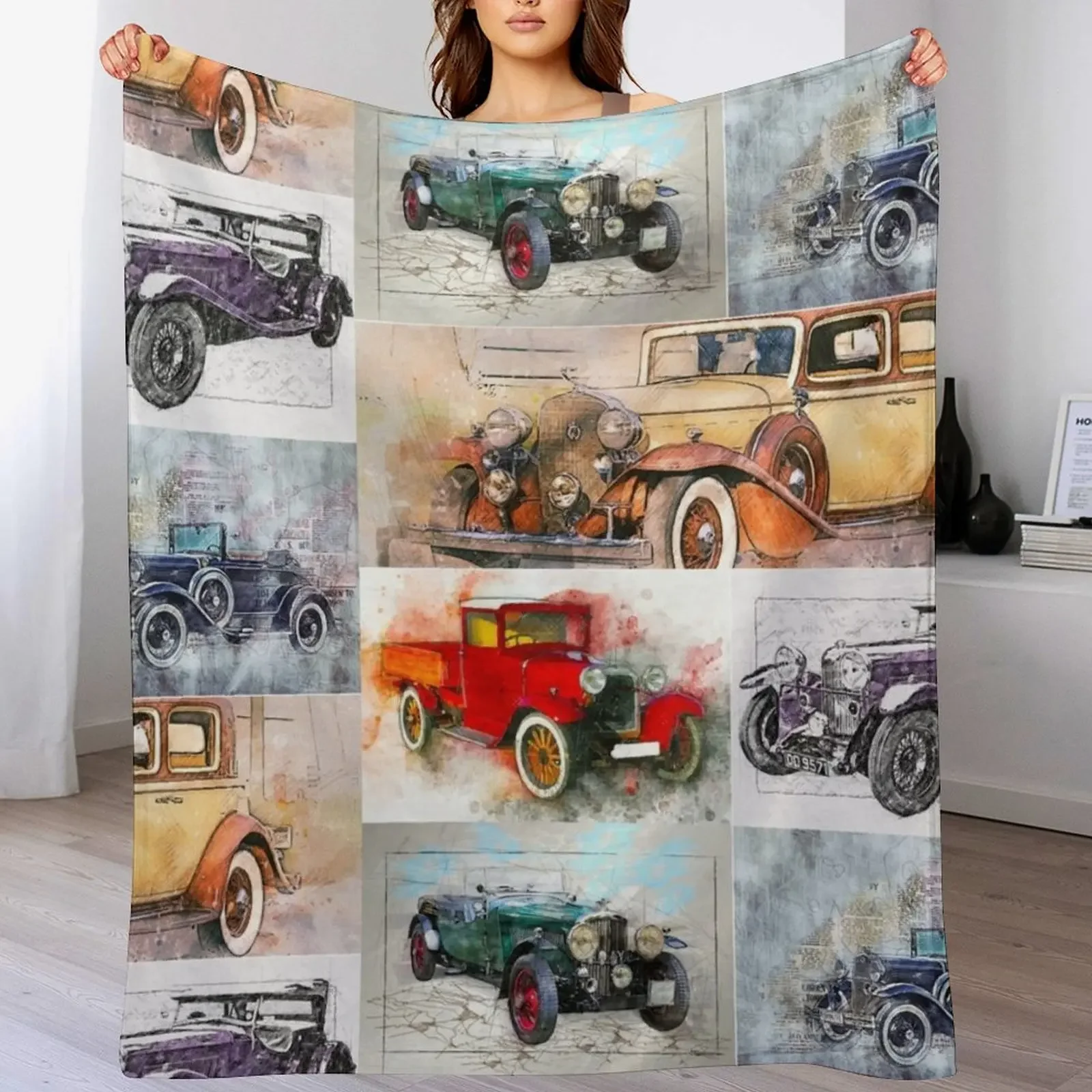 

Classic Vintage Cars Montage #4 Throw Blanket Soft Warm Blanket Gift for Men Women Adults
