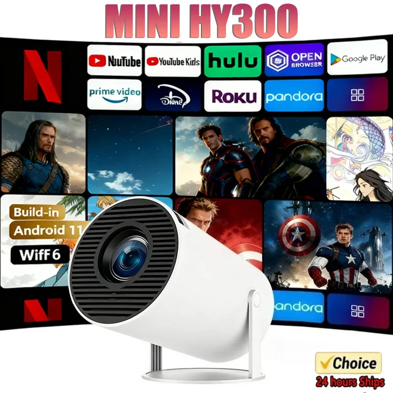 

4K Ultra HD 2025 MINI HY300 Portable Projector 300ANSI Android 11 BT54 Electronic Focus Built in Speaker Home Theater