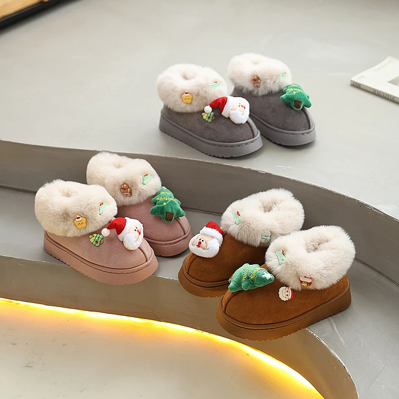 

Милая детская хлопковая обувь с Санта-Клаусом, новая зимняя детская модная повседневная меховая обувь на толстой подошве, уличная теплая плюшевая обувь для девочек