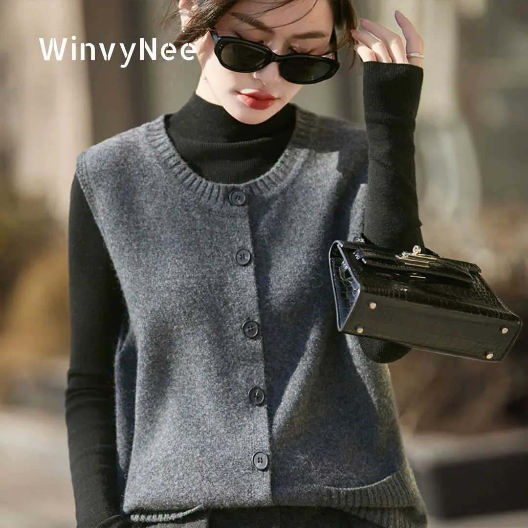 

Женский жилет-кардиган WinvyNee из 100% чистой шерсти с двумя карманами, круглым вырезом, повседневная верхняя одежда, теплый вязаный топ без рукавов C1673009
