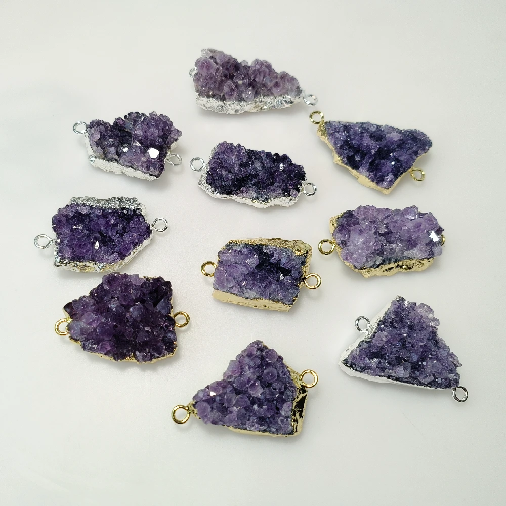 

Two-Tone Gold Silver Rimmed Amethyst Druse Dual Hole Connectors Irregular Rough Healing Stone Bulk Craft Findings P2D191