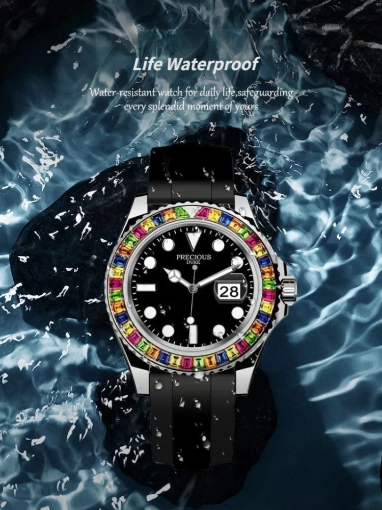2025 ساعة رجالية فاخرة ملونة بإطار الماس سيليكون مقاوم للماء حزام كوارتز ساعة تقويم مضيئة للرجال