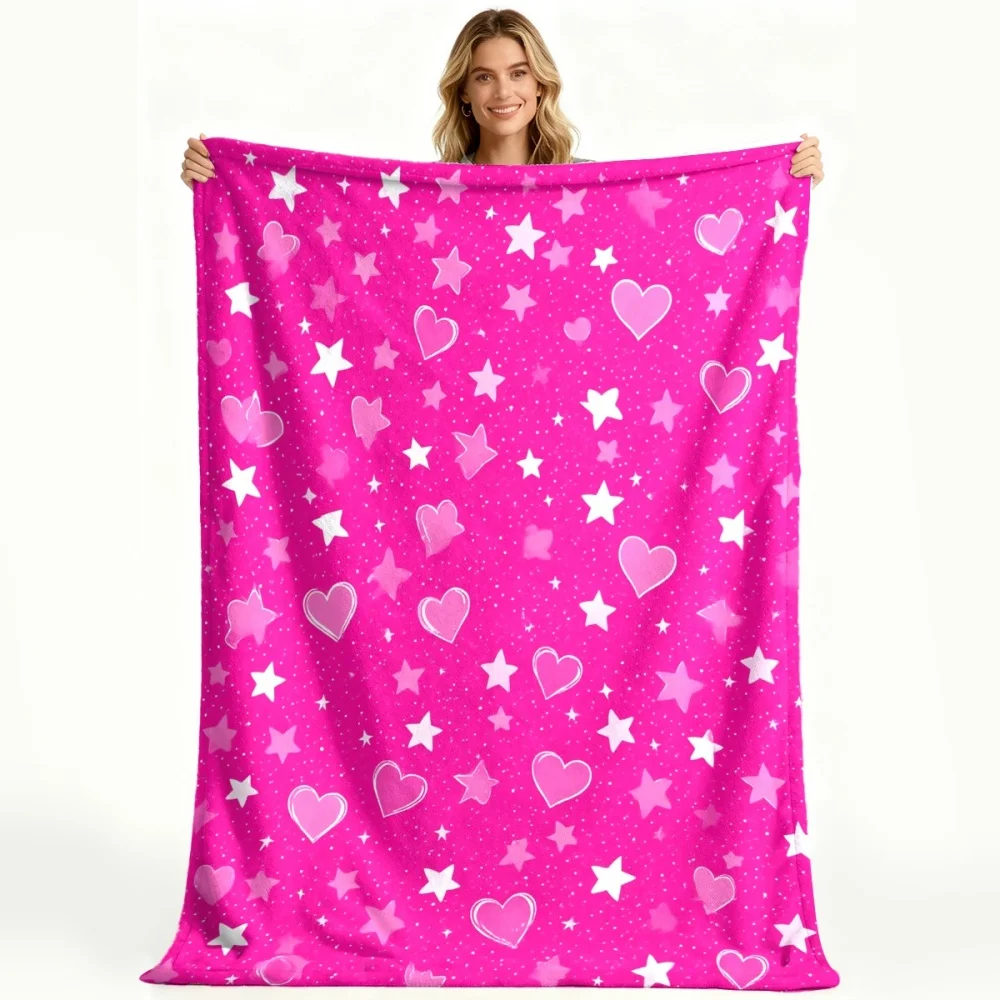 Bright Pink Star And Heart Pattern Fleece Throw Blanket Soft Cozy Lightweight Blanket for Sofa Bed Couch Vivid Romantic Style