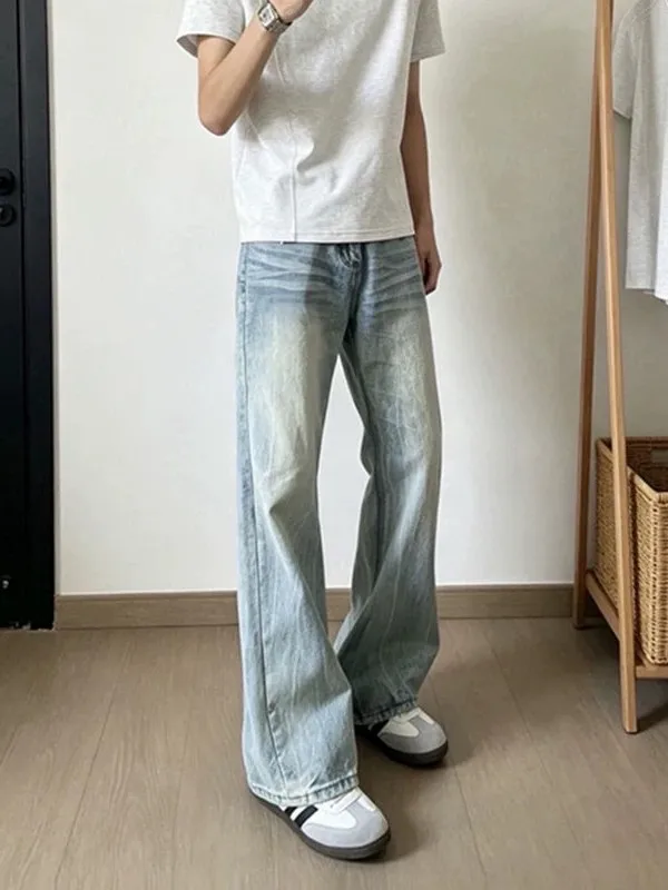 

Light Blue Thunder Pattern Straight Leg Men's Jeans Summer Thin High Street Micro Flare Long Trousers Clean Fit Casual Jeans