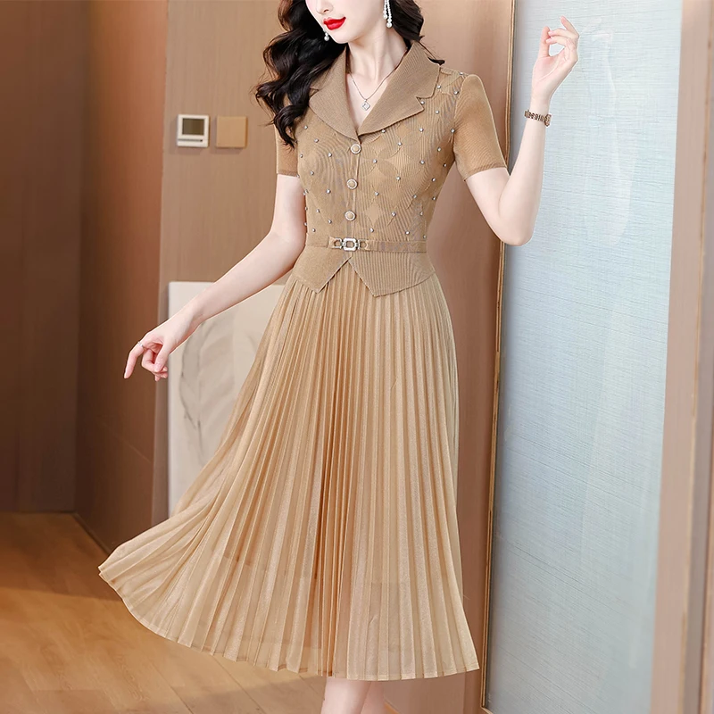 Rimpel lange jurk 2023 zomer nieuwe pak kraag zware bloem losse elegante socialite stijl taille cinched plooirok Frans