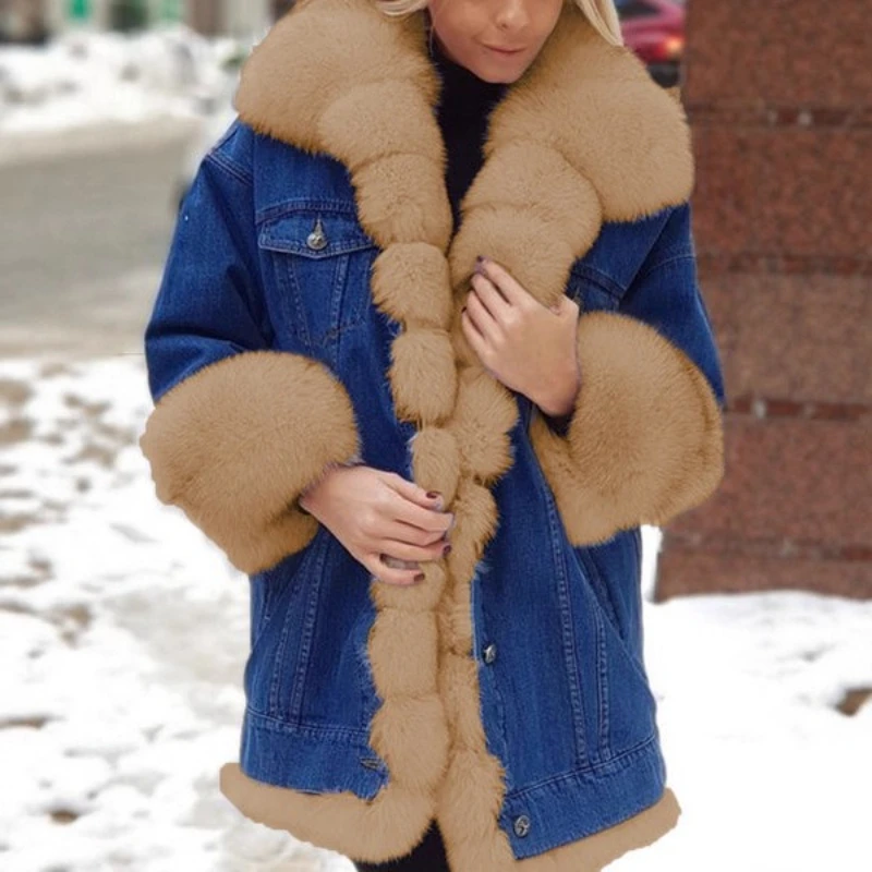 2025 hiver nouveau Design Simple fausse fourrure une pièce épissage Denim à manches longues veste pour les femmes