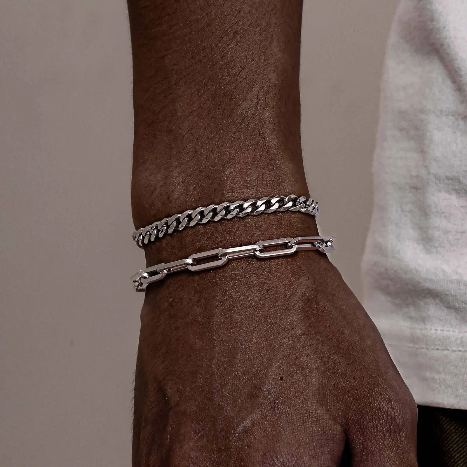 Vnox Punk Rock stapelbare kubanische Gliederkettenarmbänder aus Edelstahl für Männer und Frauen, rechteckiges Büroklammer-Kettenarmband-Set