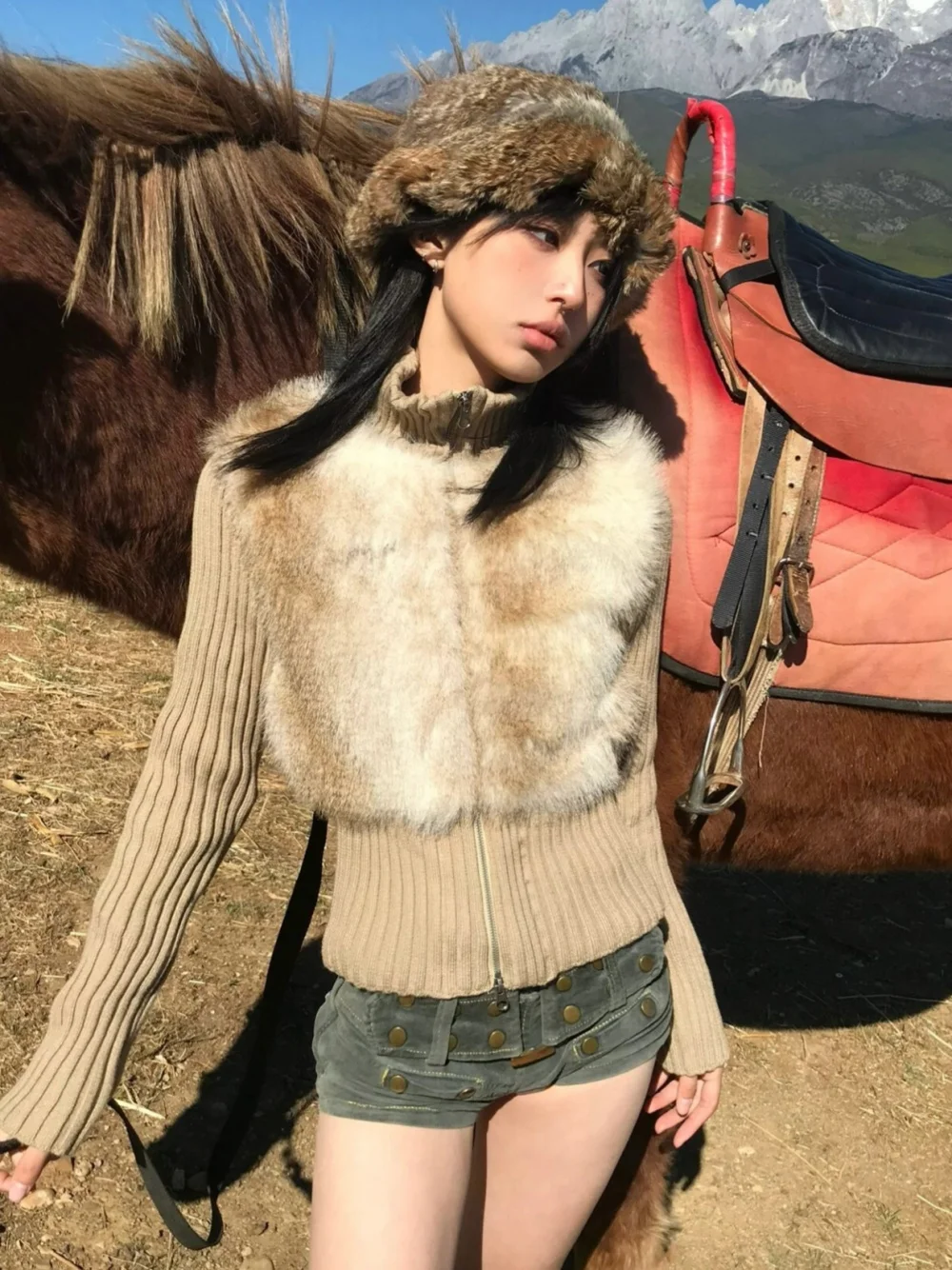 

Экологически чистая вязаная шуба из сращенного меха, женская осень-зима, облегающий открытый кардиган с застежкой на талии, модный дизайн