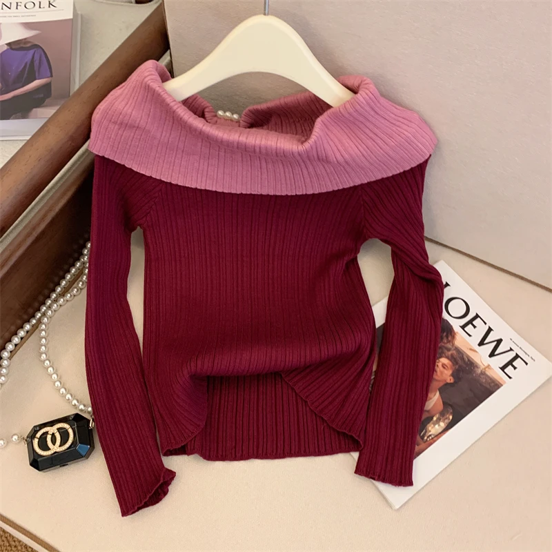 2024 New Spring Autumn Clothes Knitted Sweater Women Slash Neck Pearl Beading Color Block Long Sleeve Slim Tops Pullover 41925