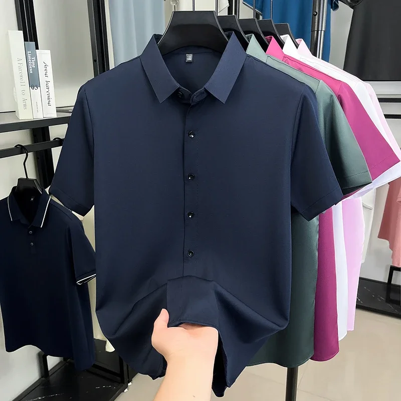 Camisa de manga corta de color liso informal para hombre, tela de seda helada transpirable y fresca, para uso en negocios y oficina.