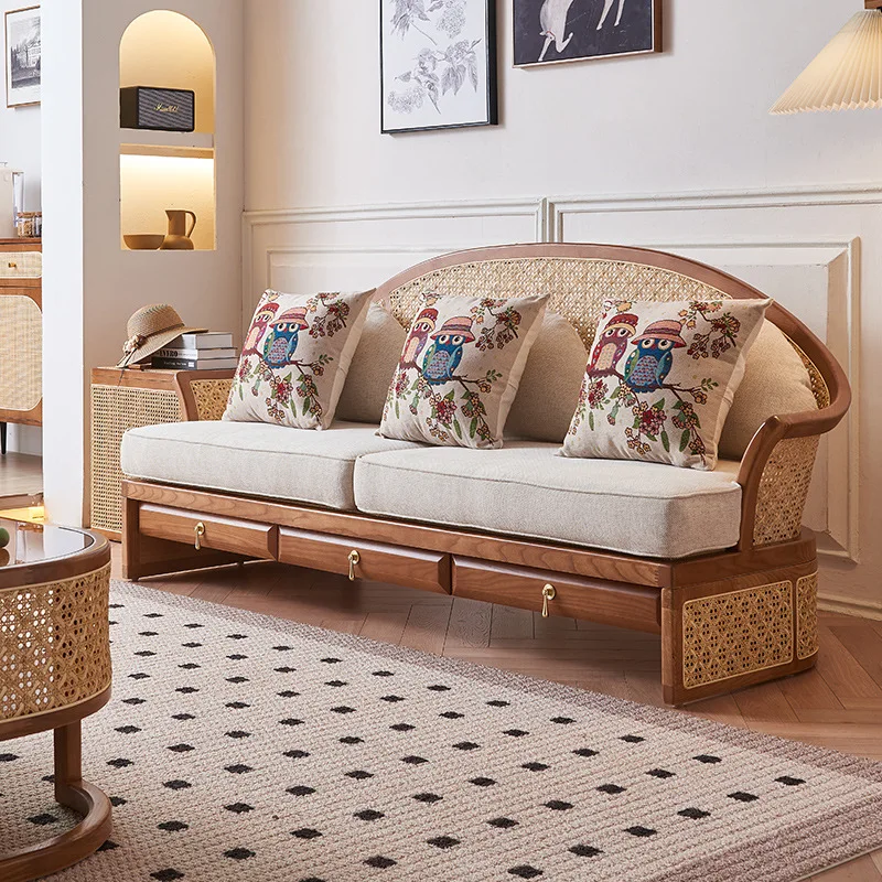 

New Chinese Solid Wood Sofa Combination Club Lobby Wabi **** Wind Light Luxury with Drawer Storage Ash Wood Rattan Sofa