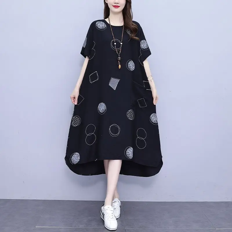 Fashion Women\'s Clothing Casual Pockets Spliced Printing Dresses Summer Loose All-match Round Neck Asymmetrical Dress Female