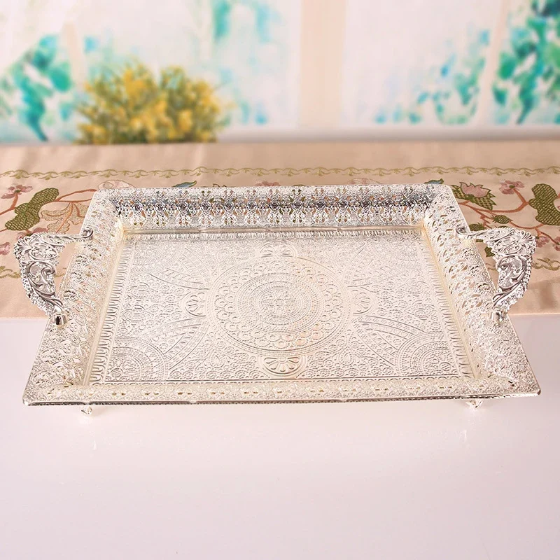 PEANDIM Luxury Silver Storage Tray Home Display Plate Metal Cake Stand Supplies Wedding Table Plates Party Tableware Decoration