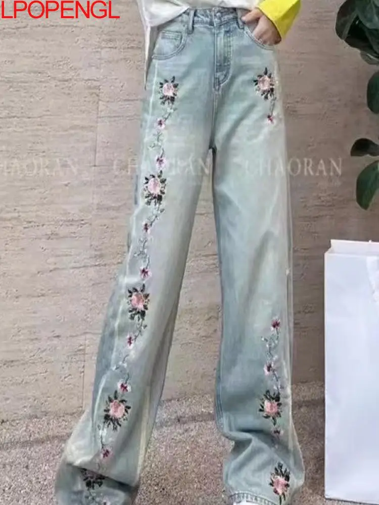 

Fashion Spring And Summer High-waisted Button Vintage Wide-leg Jeans 2025 New Embroidered Light Color Loose Straight Trousers