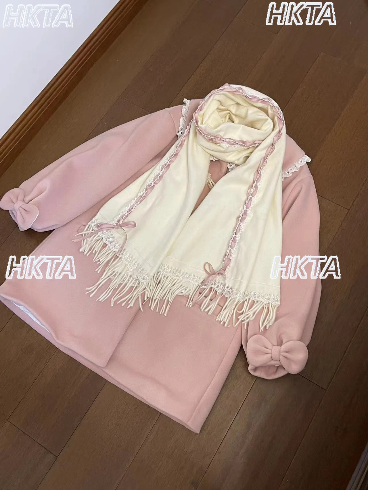 لطيف الرجعية الشريط الأوشحة النساء الدافئة جديد الشتاء وشاح للرقبة مع شرابات القوس هدية عيد ميلاد للفتيات لوليتا الكشمير وشاح شال #3