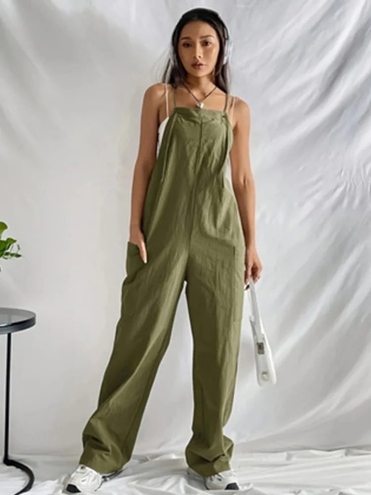 Fashion Casual Women's Wear Pure Cotton Solid Color Lace-up Thin Strap Pants Loose Wide Leg Suspenders Women Casual Jumpsuit