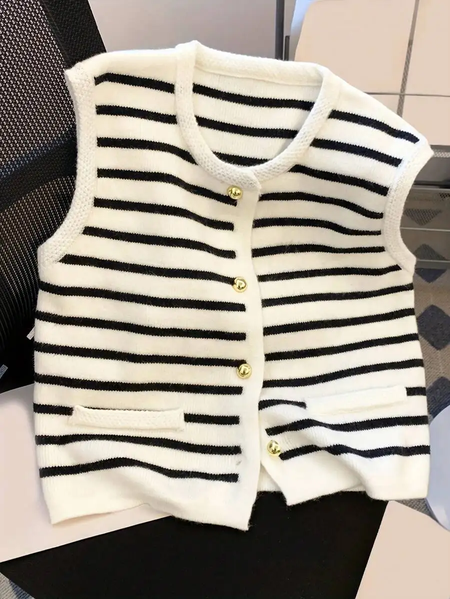 

Women's Sleeveless Striped Knit Vest with Gold-Tone Buttons, Casual Spring Summer Wear