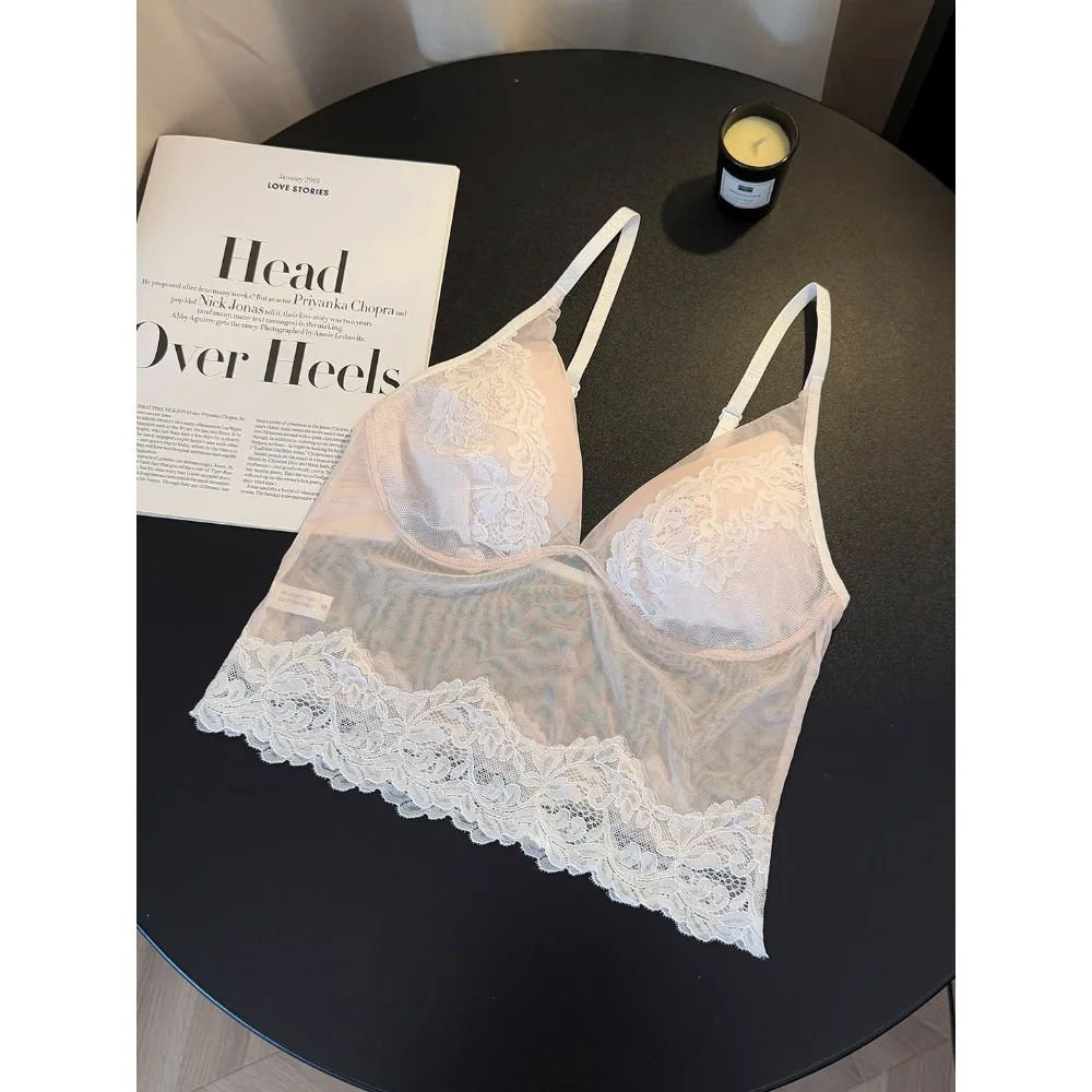 BANERDANNI Luxury French Lace Camisole Bra V Neck Sexy Back Push‑Up Minimizer Lingerie Tank Top For Big Bust Women Underwear M‑L