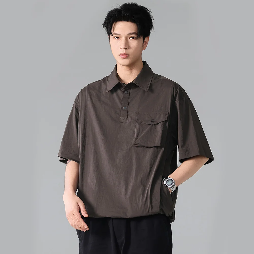 Summer Japanese Streetwear Fashion Short Sleeve Polo Shirt Men's Loose Casual Outdoor Quick Dry Pullover Cargo Shirts Tops
