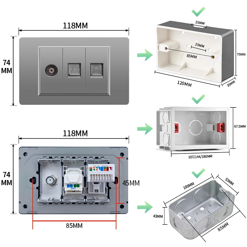 

PSSRESE Grey US AU EU BR Italy Standard Doorbell 1/2/3Gang Wall Socket with USB TypeC PC Panel TV Phone Computer Socket 118*74mm