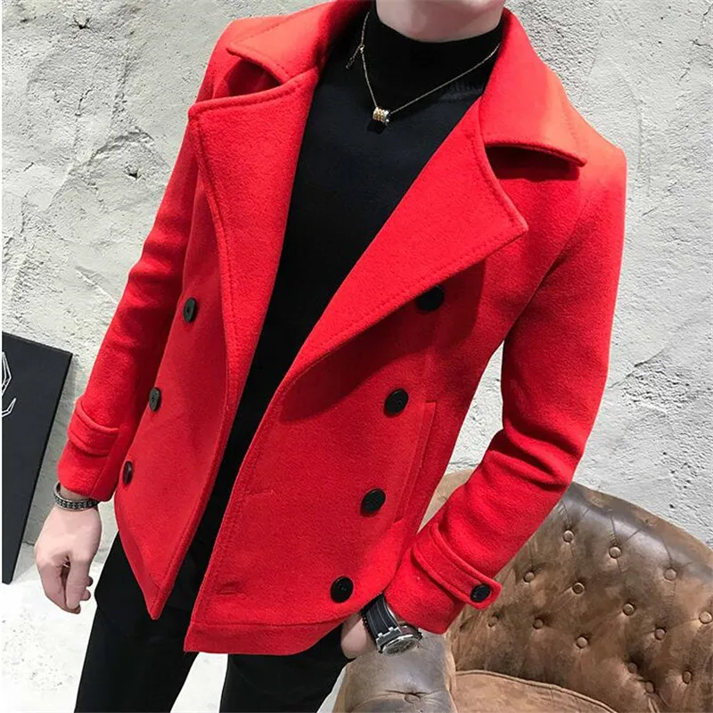 New Fashion Men Double-Breasted Windbreaker Solid Color Slim Short Woolen Coat Winter Casual Warm Windbreaker Coat Size 5XL