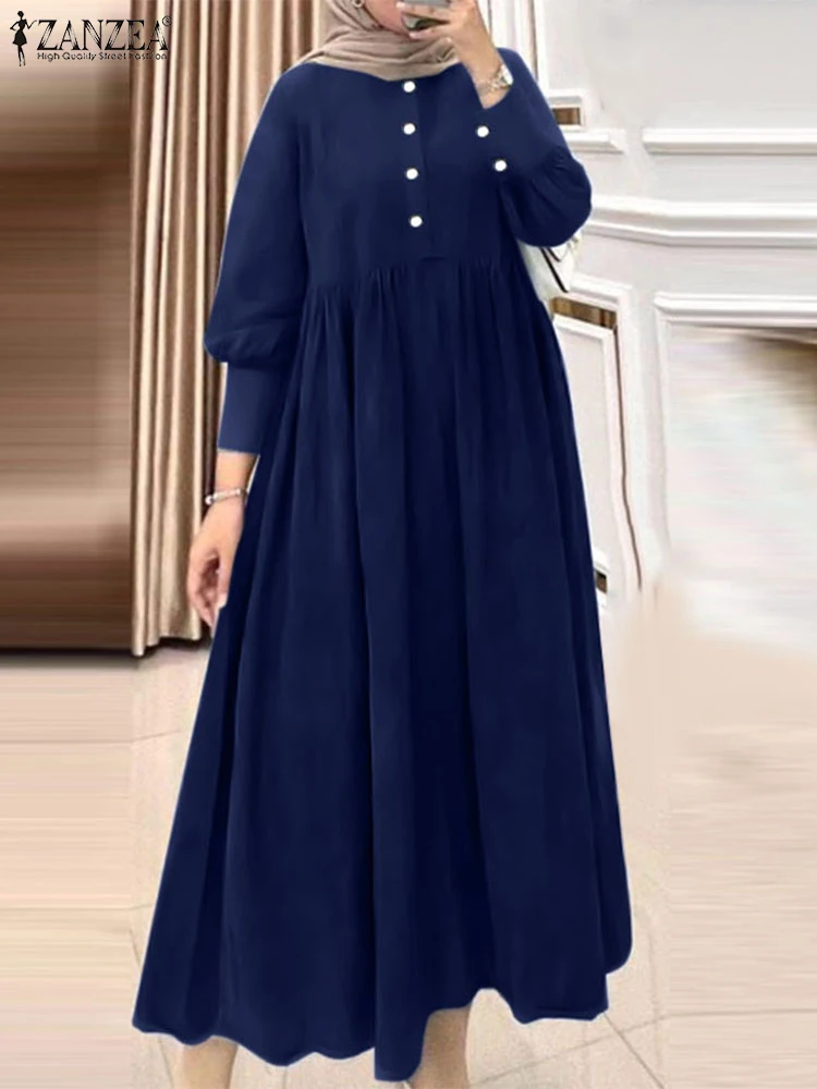 ZANZEA gaun Maxi pertemuan lengan panjang wanita Muslim longgar kasual Vintage Denim biru jubah Abaya Hijab Islam Kaftan Vestidos