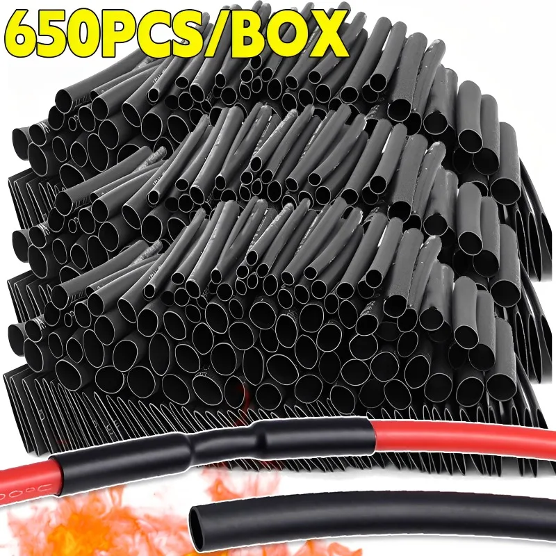 

650 шт., комплект изоляционных термоусадочных трубок, черная пластиковая термоусадочная трубка для электрического соединения с коробкой, водонепроницаемые муфты для проводов и кабелей