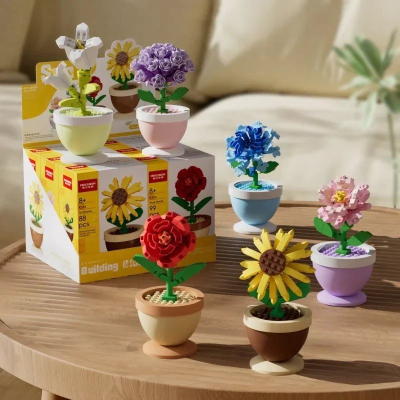 Building Blocks Four Seasons Flower Preserved Succulent Potted Plant Rose Sunflower DIY Assembly Toy Desktop Ornament Kids Gift