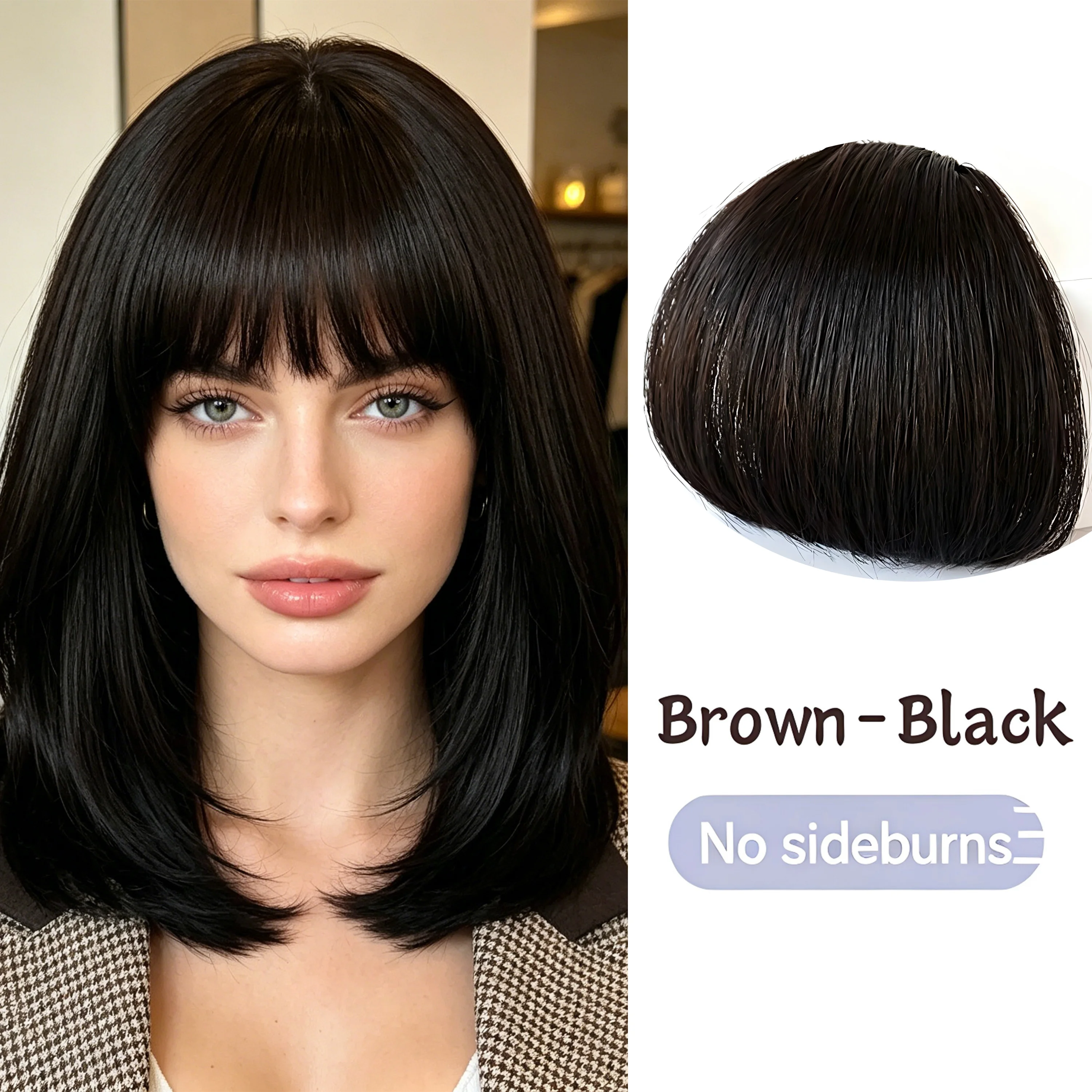 Clip In Bangs 100% Real Human Hair French Curved Curtain Style Soft Layered Fake Bangs with Temples Heat Friendly Trimmable Hair