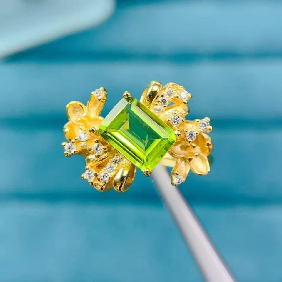 

Designer 925 Silver Ring Natural Peridot Silver Ring with Certificate 6mm * 8mm 1.2ct Genuine Peridot Silver Jewelry