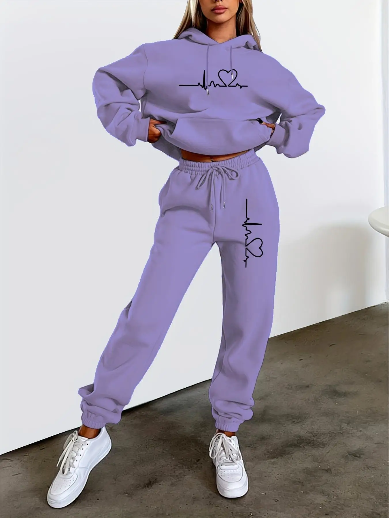 Women Heartbeat ECG Print 2Pcs Tracksuit, Hoodie & Joggers. Minimalist casual sweat set