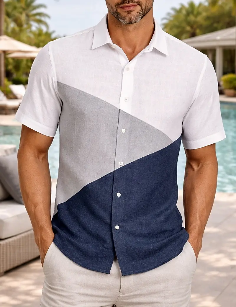 Men's Casual Color Block Short Sleeve Button Down Shirt Fashion Summer Style for Daily Commute Vacation Business Casual