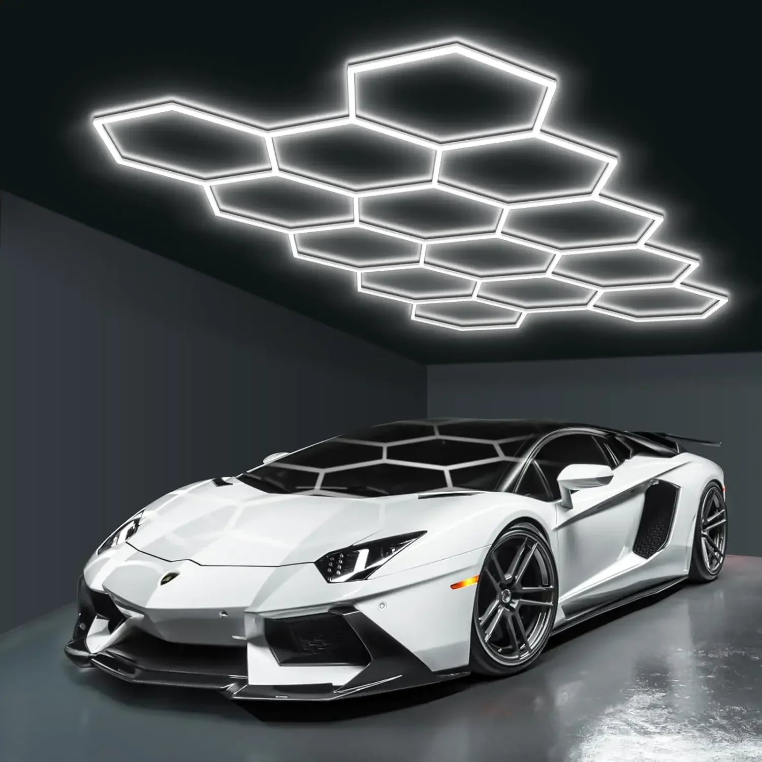 Hexagon Garage Lights, LED Honeycomb Garage Lights, 456W, 54720LM, 6500K Super Bright, 14 Grid Systems Car Detailing Lighting fo