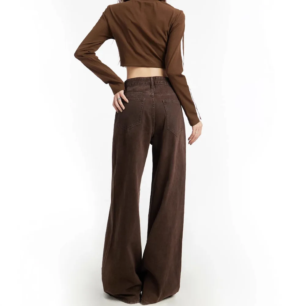 Jean marron taille haute à jambes larges pour femme, coupe ample, coupe droite, longueur cheville, pantalon automne hiver, taille haute, pour les déplacements