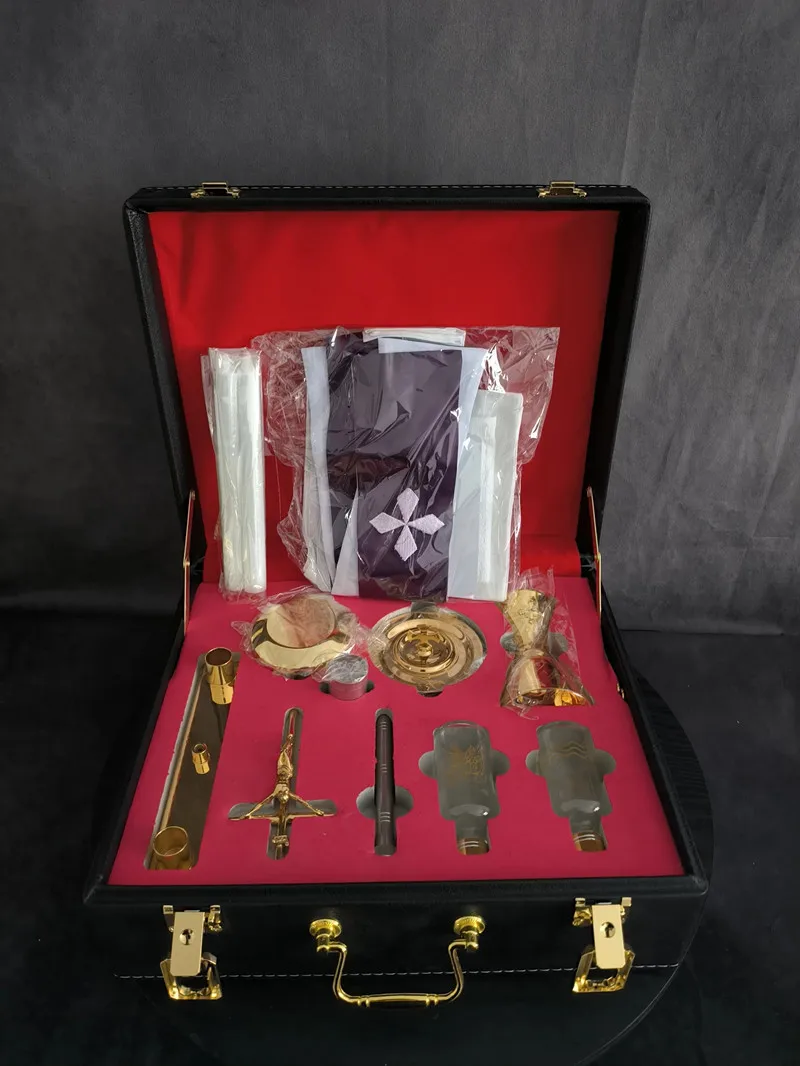 Catholic Mass Kit with Carrying Case, Chalice Paten Pyx Crucifix Sprinkler, 2 Bottles, 2 Candles, Stole Linens