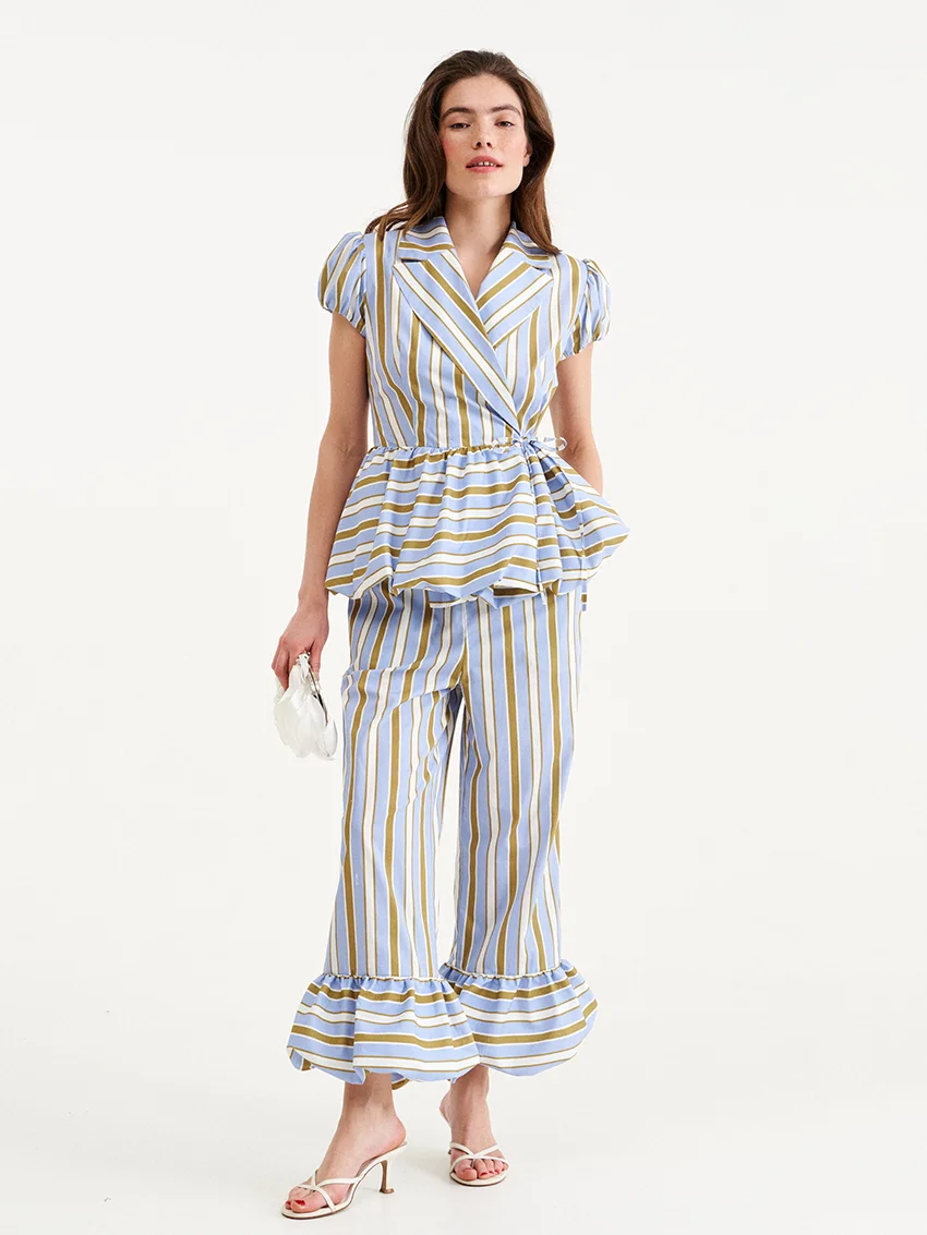 

Marthaqiqi Striped Female Sleepwear Set Short Sleeve Pajama Lace Up Nightie Sexy Turn-Down Collar Nightgown Pants Nightwear Suit