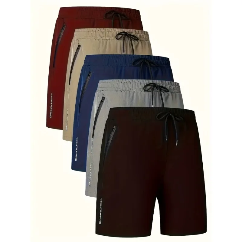 

5 pieces of men's sports shorts - quick drying elastic waistband, drawstring zipper pocket, perfect fitness running pants