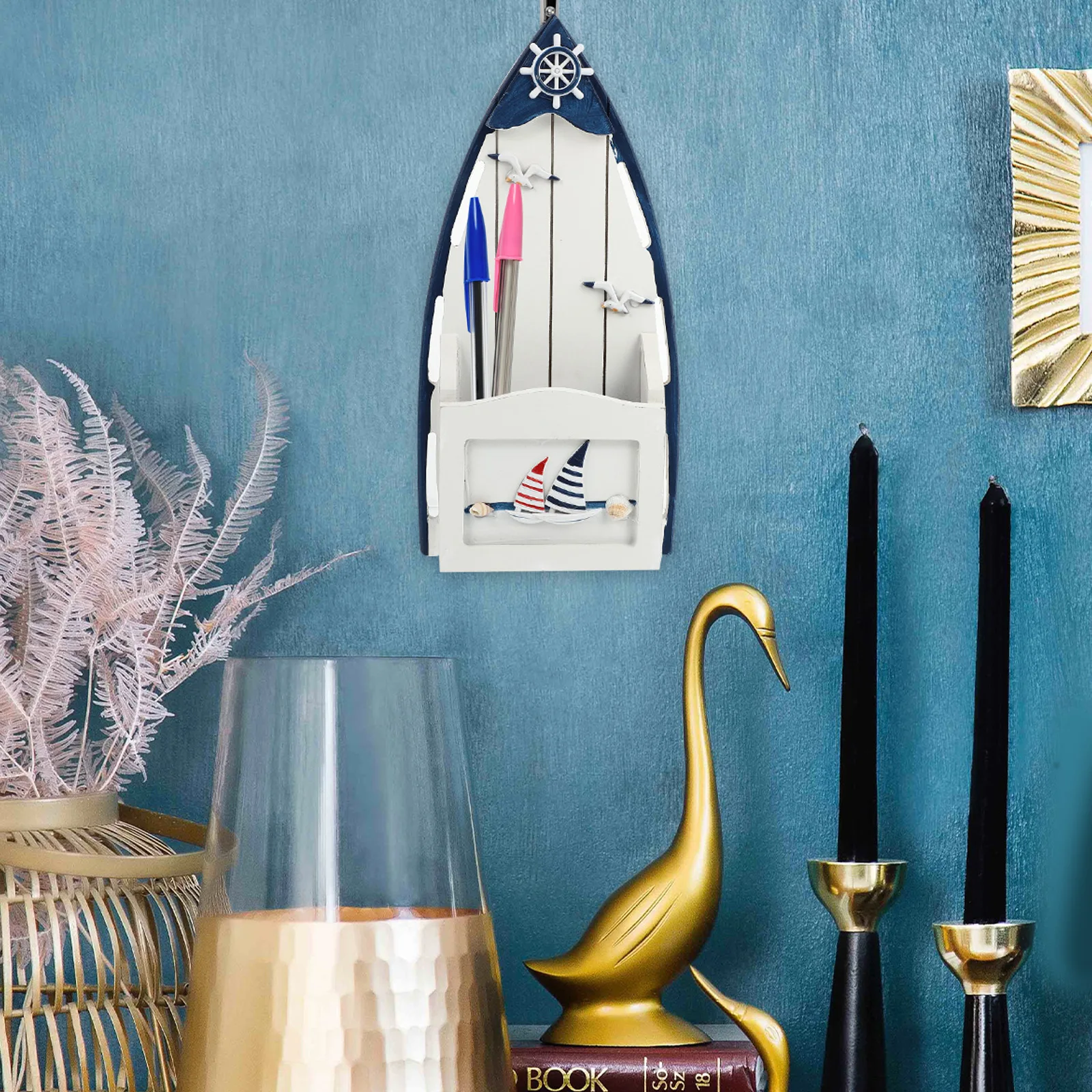 1 pc Mediterranean Style Wooden Key Box Pen Holder Multi-Functional Storage Case For Home Decorative Organizer Container