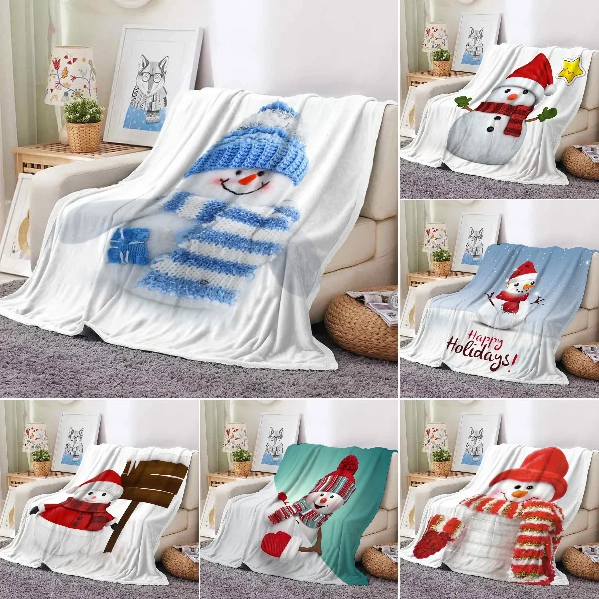 Snowman Flannel Throw Blanket Cute Snowman with Scarf Kawaii Super Soft Lightweight Blanket for Bed Couch Sofa King Queen Size