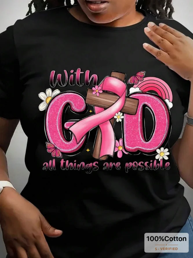2026 New Fashion Plus Size Women Crew Neck T-Shirt Breast Cancer Awareness Graphic Print Soft Breathable Cotton Casual Daily Tops Basic Top T-Shirt