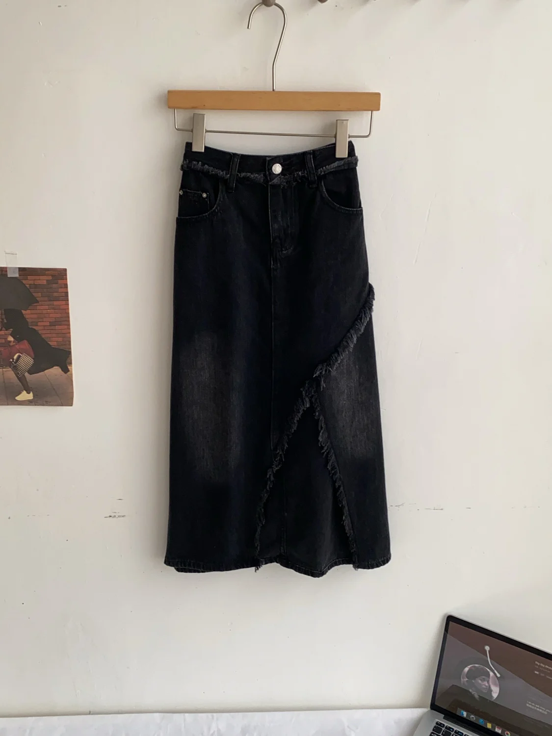 Korean Style High Waist A-Line Midi Skirt Women's Spring Summer Asymmetrical Slit Frayed Hem Slimming Skirt Commute Skirt