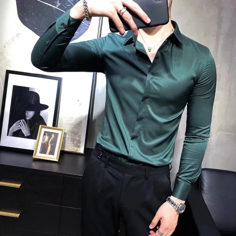 Green Shirts And Blouses For Men Business Long Sleeve Plain Man Tops Cool Cotton Aesthetic Wholesale Silk Clothing Casual S