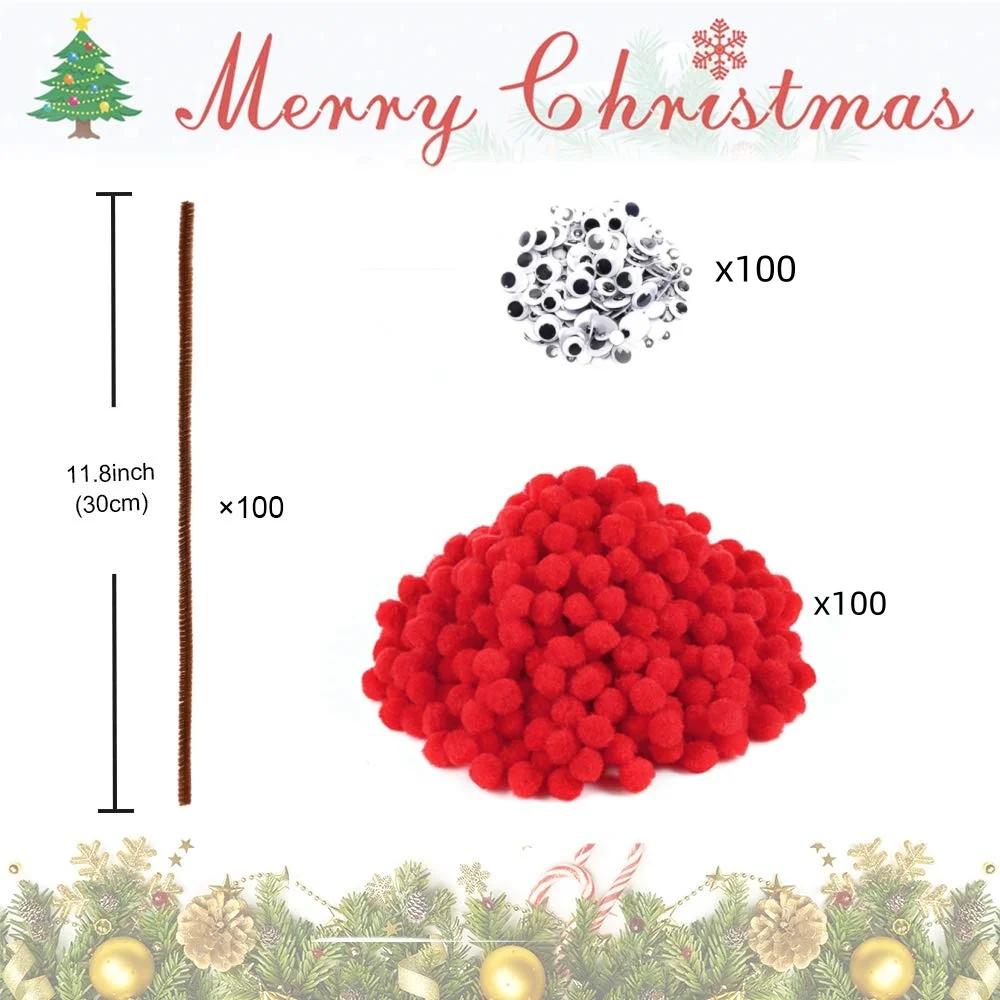 300Pcs Brown Pipe Cleaners Set, Including 100Pcs Brown Chenille Stems, 100Pcs Wiggle Googly Eyes and 100Pcs Red Pompoms