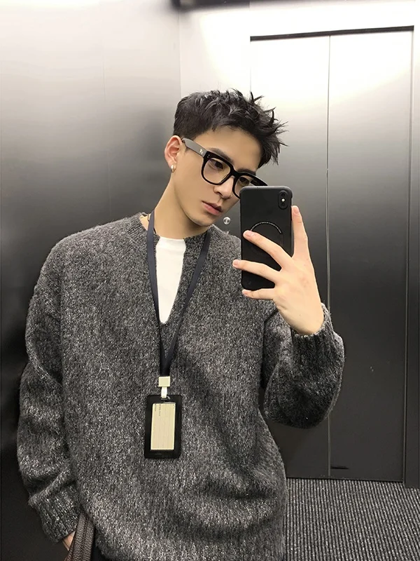

Korean High-End V-Ne Knitted Sweater Men's Loose Casual Sle Autumn Winter Loose Versatile Couple Outerwear Polyester Fiber