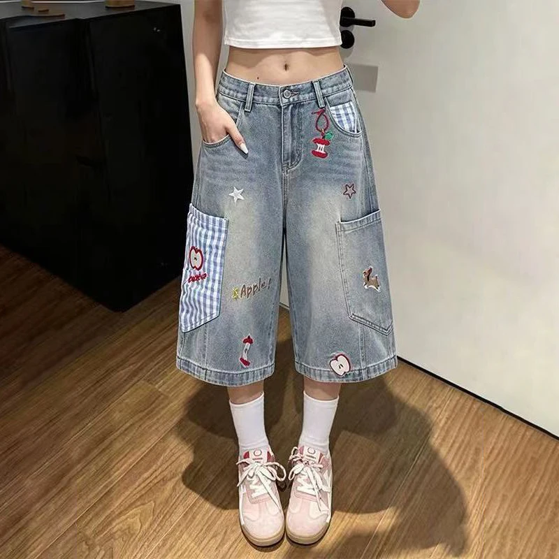 Apple plaid embroidered seven-point jeans women's summer thin lazy wide-leg straight tooling shorts trendy middle pants