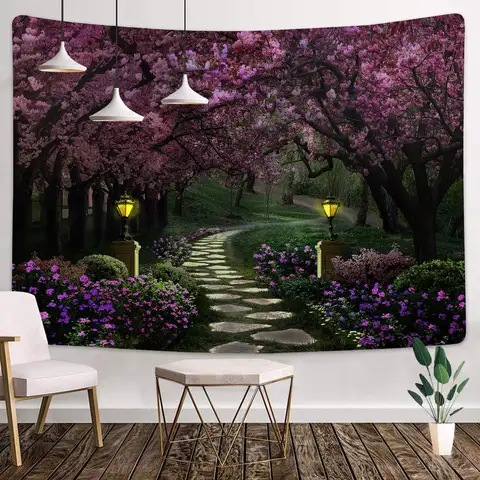 핑크 일본 벚꽃 나무 태피스트리 검은 밤 숲길 꽃 태피스트리 식물학적 꽃 자연 풍경 미학