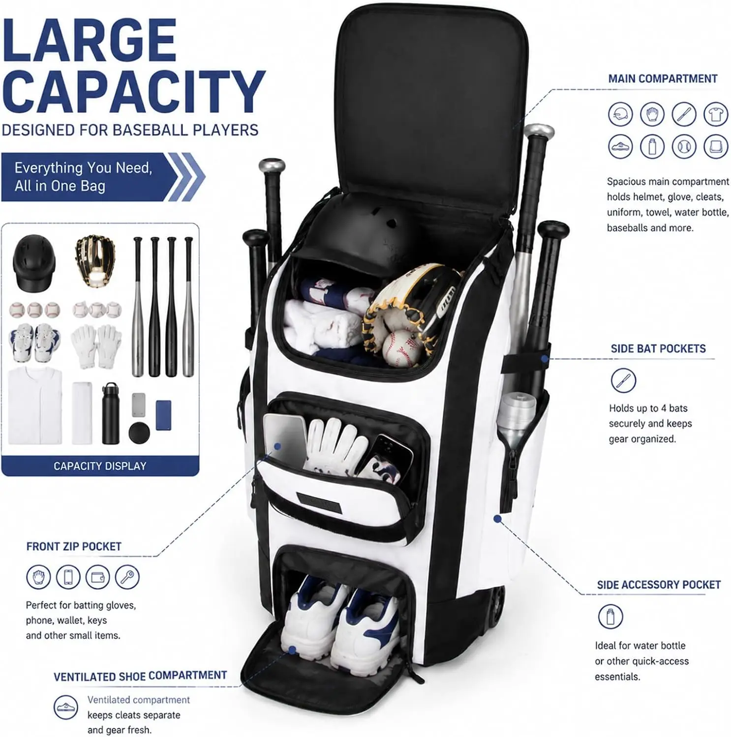 Wheeled Softball Bag 55L Bat Holders Cleat Ventilation Fence Hook Youth Adult