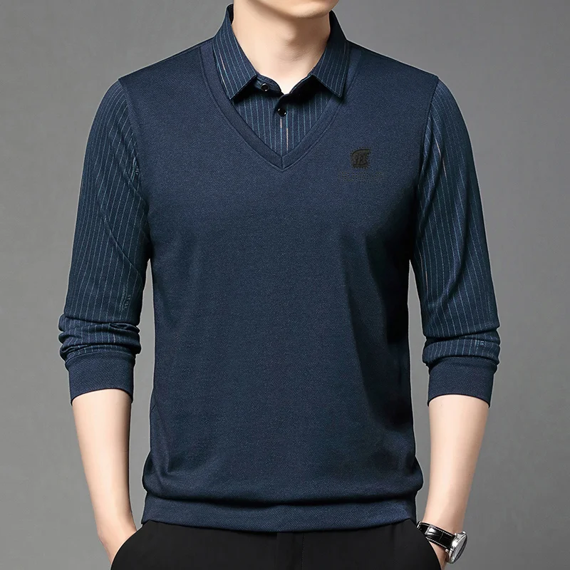 

2025 New Long Sleeved T-shirt for Men in Spring and Autumn Men's Fake Two-piece Top Warm Base Shirt