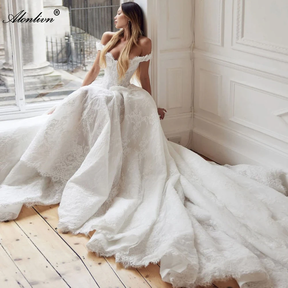 

Alonlivn Custom Made Full Of Lace Ball Gown Wedding Dresses Beaded Pearls Off The Shoulder Sleeves Princess Bridal Gowns